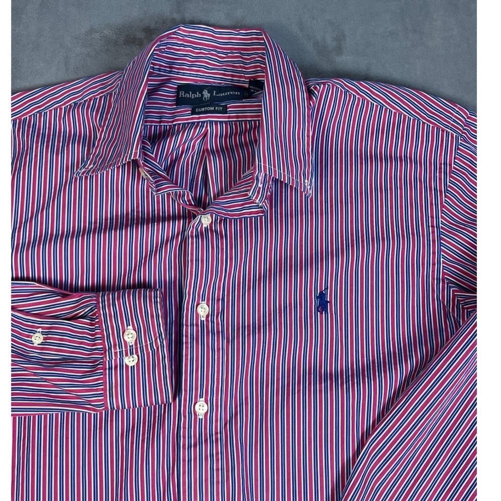 Ralph Lauren Mens L Custom Fit Striped Button Down Shirt Blue Pony Logo‎